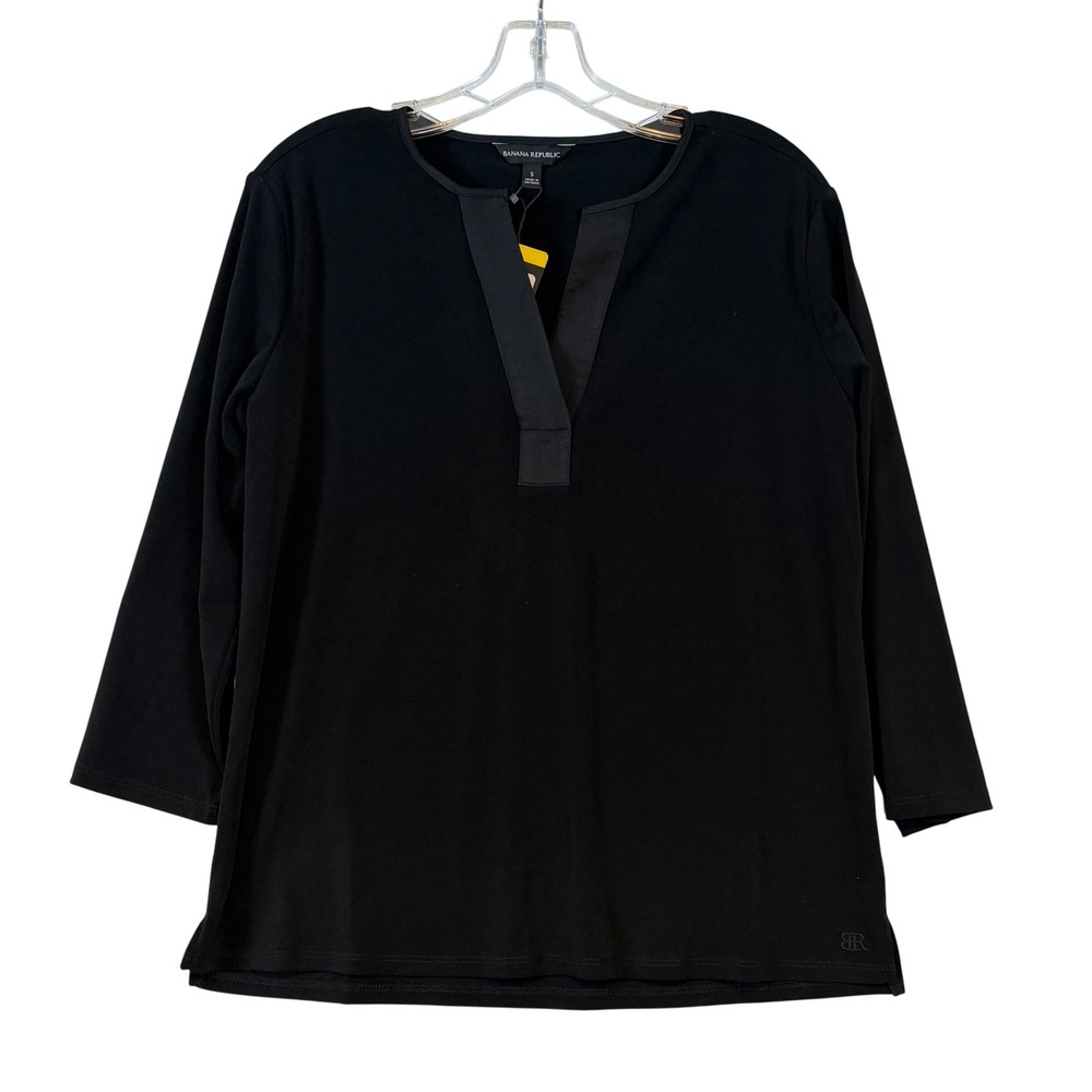 Banana Republic Women Black Split Neck 3/4 Sleeve Matte Jersey Top •S• Capsule